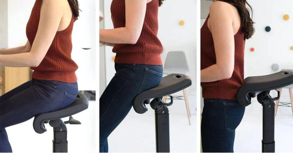 a woman using a standing desk chair
