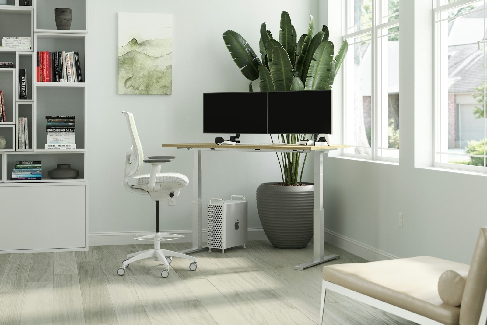 a home office with a standing desk and chair